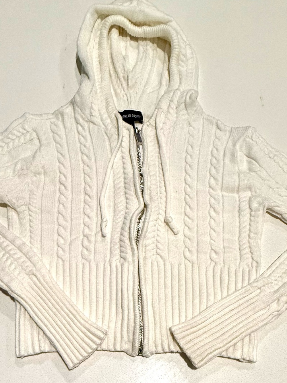 Streetwear Society Cream Cable-Knit Hooded Zip Cardigan
